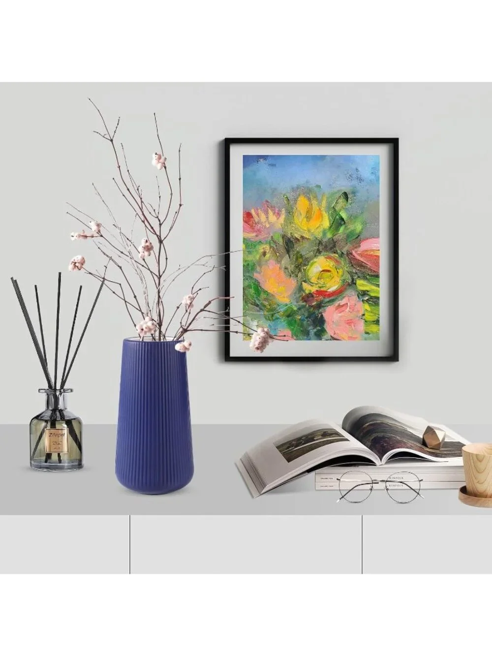 Gradient Navy Blue Ceramic Cute Flower Vase Pampas Grass Living Room Office Deco